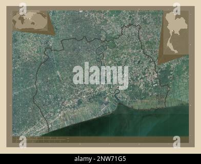 Samut Sakhon, provincia della Thailandia. Mappa satellitare ad alta risoluzione. Mappe delle posizioni ausiliarie degli angoli Foto Stock