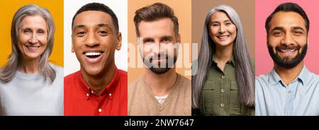 Collage banner con foto di persone sorridenti in abbigliamento casual intelligente, diverse persone allegre diverse, impiegati in ufficio guardare la fotocamera e ridere isolato Foto Stock