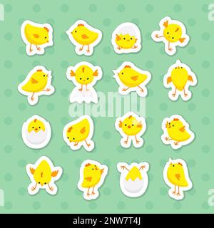 Confezione di adesivi carino per polli di Pasqua. Illustrazione vettoriale stampabile Illustrazione Vettoriale
