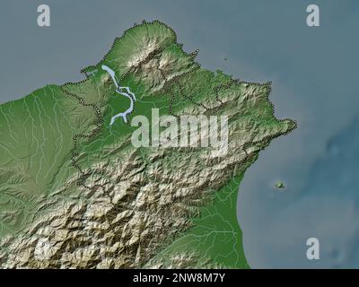 New Taipei City, comune speciale di Taiwan. Mappa dell'altitudine colorata in stile wiki con laghi e fiumi Foto Stock