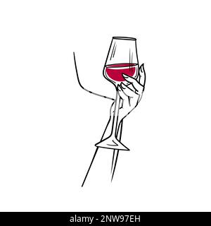 Una donna tiene un bicchiere di vino. Illustrazione del vettore stock per il menu. Illustrazione Vettoriale