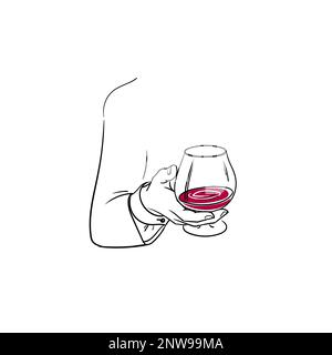 Un uomo tiene un bicchiere di vino. Illustrazione del vettore stock per il menu. Illustrazione Vettoriale