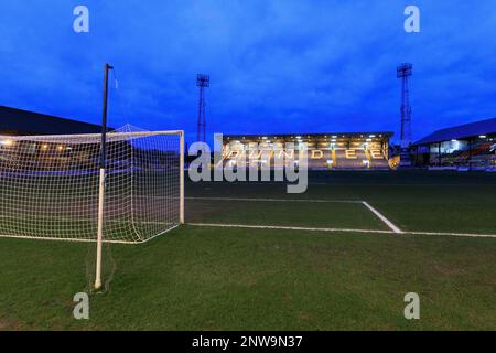 28th febbraio 2023; Dens Park, Dundee, Scozia: Campionato scozzese di calcio Dundee contro Partick Thistle; una vista del Kilmac Stadium al tramonto, sede del Dundee FC Foto Stock