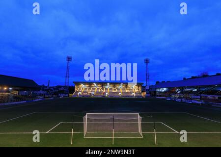 28th febbraio 2023; Dens Park, Dundee, Scozia: Campionato scozzese di calcio Dundee contro Partick Thistle; una vista del Kilmac Stadium al tramonto, sede del Dundee FC Foto Stock