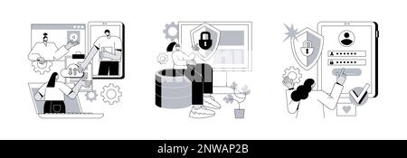 Set di illustrazioni vettoriali astratte per l'accesso al servizio cloud. Documento condiviso, sicurezza informatica, pagina di accesso, accesso alle cartelle pubbliche, modifica online, protezione dei dati, accesso utente metafora astratta. Illustrazione Vettoriale