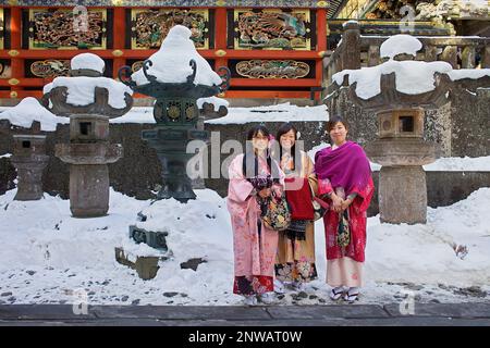 Amici in abito tradizionale, Tempio Toshogu, Nikko, Giappone Foto Stock