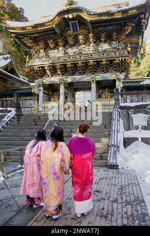 Amici in abito tradizionale, Tempio Toshogu, Nikko, Giappone Foto Stock