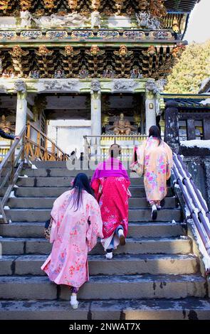 Amici in abito tradizionale, Tempio Toshogu, Nikko, Giappone Foto Stock