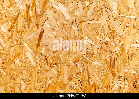 Primo piano su un pannello OSB (OSB), noto anche come flakeboard, sterling board e aspenite. Foto Stock