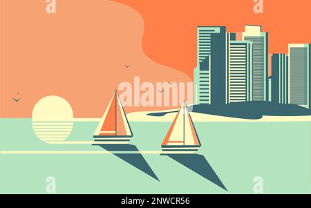 Bellissimo tramonto o paesaggio all'alba. Gli yacht o una regata di mare navigano o competono contro lo sfondo del tramonto o del sole che sorge. Vicino alla città Illustrazione Vettoriale