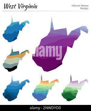 Set di mappe vettoriali della Virginia Occidentale. Design a onde vibranti. Mappa luminosa dello stato di noi nello stile delle curve geometriche uniformi. Mappa multicolore West Virginia per Illustrazione Vettoriale