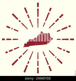 Logo Kentucky. Poster grunge Sunburst con mappa dello stato degli Stati Uniti. Forma del Kentucky piena di cifre esagonali con raggi solari intorno. Illustrazione Vettoriale