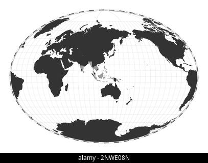 Mappa del mondo vettoriale. Fahey proiezione pseudocilindrica. Mappa geografica del mondo con linee di latitudine e longitudine. Centrato a 120deg longitudine ovest. Illustrazione Vettoriale