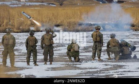 STATI UNITI Marines del Battaglione Landing Team 1/4, 31st Marine Expeditionary Unit, lancia un missile da un FGM-148 Javelin durante un esercizio di fuoco a Hijudai, Giappone, 20 febbraio 2023. L’esercizio bilaterale del fuoco vivo è stato condotto per stabilire una comprensione dei sistemi delle armi alleate durante il Iron Fist 23. Iron Fist è un esercizio bilaterale annuale destinato ad aumentare l'interoperabilità e a rafforzare le relazioni tra gli Stati Uniti Marine Corps, Stati Uniti Navy, la forza di autodifesa di terra del Giappone e la forza di autodifesa marittima del Giappone. Foto Stock