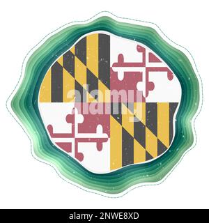 Bandiera del Maryland nella cornice. Distintivo dello stato degli Stati Uniti. Insegna circolare stratificata intorno alla bandiera del Maryland. Illustrazione vettoriale creativa. Illustrazione Vettoriale