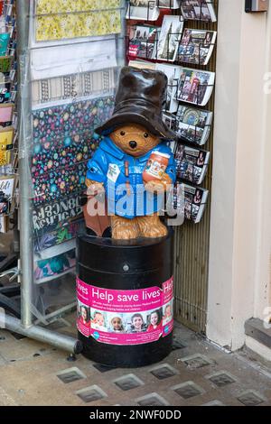 Paddington Bear scatola di raccolta di denaro di Action Medical Research for Children di fronte a un negozio turistico nel quartiere di Notting Hill di Londra, Inghilterra Foto Stock