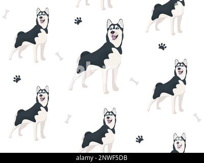 Motivo senza cuciture con cane bianco e nero vettore Husky siberiano in piedi e sorridente, lingua appesa fuori. Carino animale domestico del cartone animato. Animale domestico Illustrazione Vettoriale