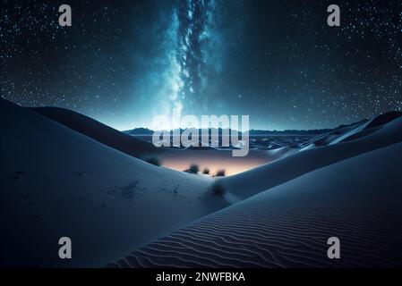 Notte stellata nel deserto con dune, cielo notturno scuro con stelle. Via Lattea sul deserto. Vista panoramica del deserto contro il cielo di notte. Foto Stock