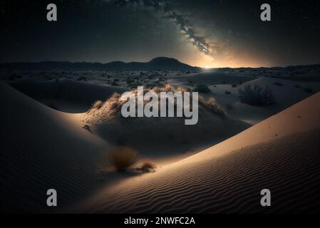 Notte stellata nel deserto con dune, cielo notturno scuro con stelle. Via Lattea sul deserto. Vista panoramica del deserto contro il cielo di notte. Foto Stock