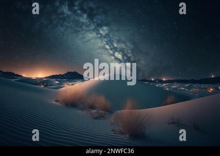Notte stellata nel deserto con dune, cielo notturno scuro con stelle. Via Lattea sul deserto. Vista panoramica del deserto contro il cielo di notte. Foto Stock