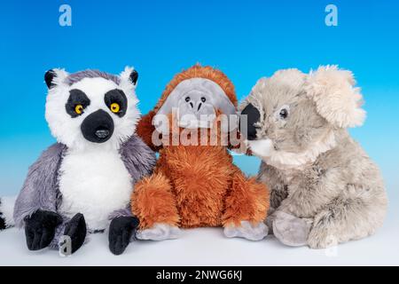 Tre animali affamati amichevoli (Puffin Atlantico, Orangutan e Koala) su uno sfondo blu e bianco senza cuciture. Foto Stock