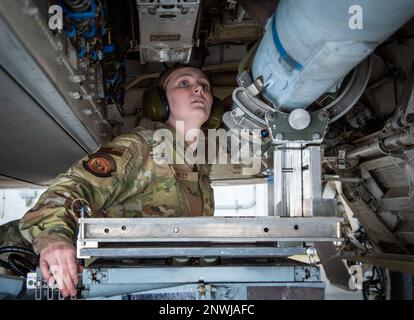 Kayla Smiley, 43rd Fighter Generation Squadron, dirige un AIM-120 durante il concorso annuale della squadra di carico delle armi del 10 febbraio presso la base dell'aeronautica militare di Eglin, Flah. Due squadre hanno gareggiato per vedere chi poteva caricare un AIM-120 e un AIM-9 sul loro F-22 Raptor il più veloce e con il minor numero di errori. Foto Stock