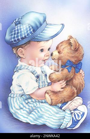 Bambino-giovane ragazzo in cappuccio che tiene il teddy sul blu Foto Stock