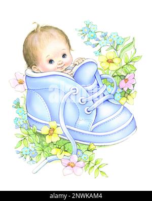 Baby-boy in scarpa blu in fiori su bianco Foto Stock