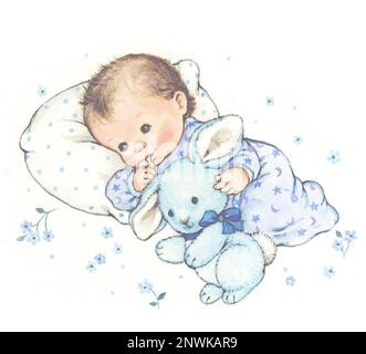 baby-boy in blu con coniglietto su sfondo bianco cuscino Foto Stock