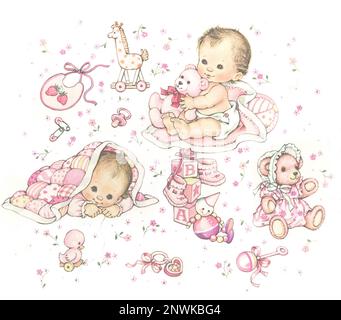 Baby-rosa ragazze con giocattoli e fiori sparsi su bianco Foto Stock