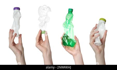 Collage con foto di donne che tengono bottiglie di plastica su sfondo bianco, primo piano Foto Stock