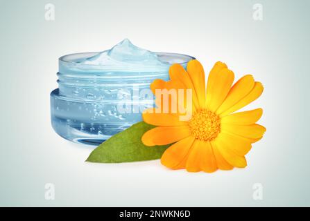 Gel trasparente con estratto di calendula su fondo chiaro. Prodotto cosmetico a base naturale Foto Stock