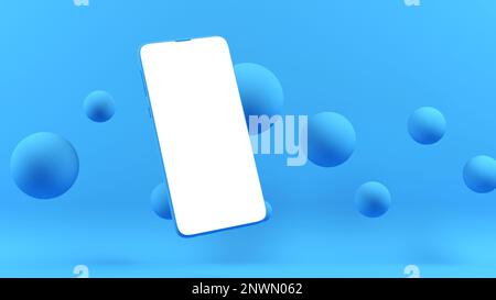 Il mockup blu del telefono delle cellule che galleggia per le applicazioni ed i Web site. Sfondo blu e palline galleggianti. Foto Stock