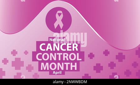 National Cancer Control Month Vector banner design in pallett colore rosa con motivo a croce, icona a nastro cancro e tipografia. Illustrazione Vettoriale