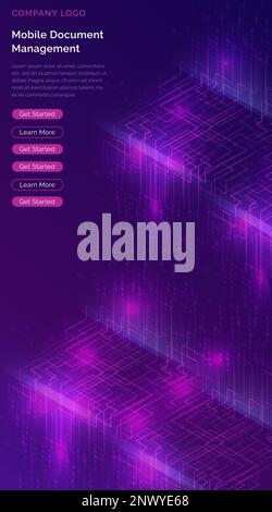 Cascata o cascata di big data, visualizzazione dell'analisi del flusso di dati in codice binario digitale, illustrazione vettoriale isometrica. Banner verticale ultravioletto con flussi di numeri, modello di landing page. Illustrazione Vettoriale