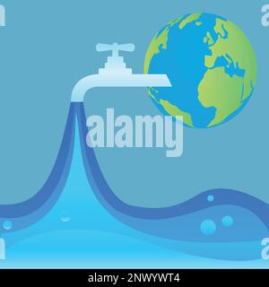 Acqua di rubinetto e globo di terra, concetto di giornata mondiale dell'acqua Illustrazione Vettoriale