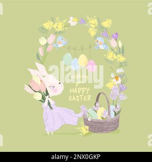 Carino Cartoon carta di Pasqua con bello coniglietto vestito indossare e Wreath primavera Illustrazione Vettoriale