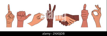 Vettore di gesti della mano diverso impostato sul bianco. Illustrazione Vettoriale
