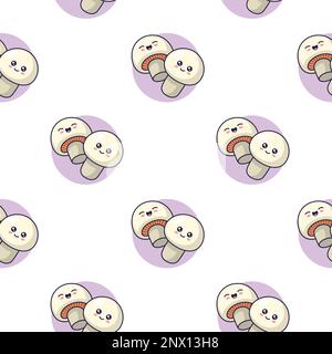 Graziosi funghi kawaii con motivo senza cuciture in stile doodle. Illustrazione dei funghi dei cartoni animati vettoriali disegnati a mano. Disegno a mano dei personaggi dei funghi. Modello per abiti per bambini. Illustrazione Vettoriale