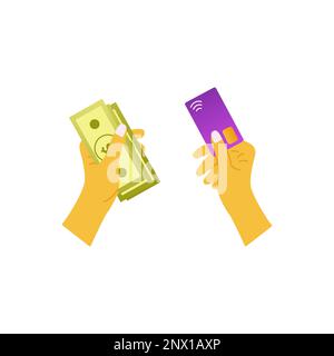 In mani umane, contanti e carta di credito. Scelta del metodo di pagamento e memorizzazione dei risparmi. Illustrazione disegnata a mano con isolamento vettoriale colorato. Assegnazione di f Illustrazione Vettoriale
