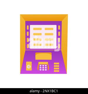 Bancomat, terminal per il deposito e il prelievo di contanti, pagamenti e trasferimenti di denaro. Piatto di illustrazione isolato vettoriale colorato. Macchina finanziaria. Icona o. Illustrazione Vettoriale