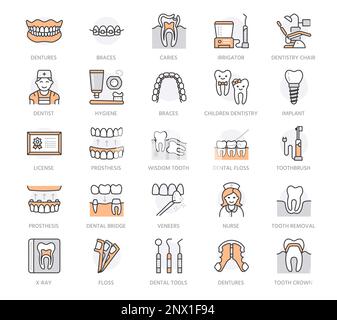 Dentista, ortodonzia linea icone. Attrezzature per la cura dei denti, bretelle, impianti dentali, inserti, spazzolino da denti, trattamento carie. Segni lineari sottili della sanità Illustrazione Vettoriale