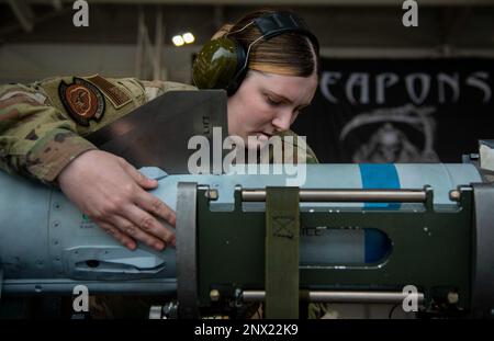 Kayla Smiley, 43rd Fighter Generation Squadron, si aggiudica un AIM-120 durante il concorso annuale della squadra di carico di armi del 10 febbraio presso la base dell'aeronautica militare di Eglin, Flah. Due squadre hanno gareggiato per vedere chi poteva caricare un AIM-120 e un AIM-9 sul loro F-22 Raptor il più veloce e con il minor numero di errori. Foto Stock