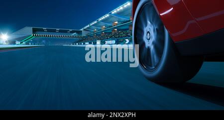 Vista laterale ad angolo basso della vettura che guida velocemente sul moderno circuito internazionale con ringhiera e freccia al neon. rendering 3d Foto Stock