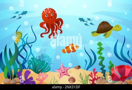 Animali SEA LIFE con scena oceanica . Stile cartone animato . Vettore . Illustrazione Vettoriale