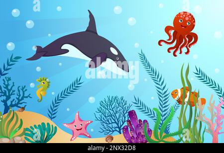 Animali SEA LIFE con scena oceanica . Stile cartone animato . Vettore . Illustrazione Vettoriale