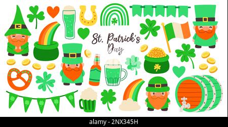 Set di St. Simboli del giorno di Patricks. Collezione di elementi trifoglio, cappello leprechaun, pentola di moneta d'oro, birra verde. Illustrazione Vettoriale