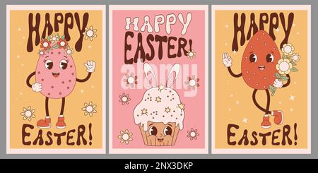 Buona Pasqua poster collezione. Personaggi dei cartoni animati retrò uova di pasqua e torta cupcake con orecchie conigliate. Mascotte carina vintage groovy. Rapporto di illustrazione del vettore Illustrazione Vettoriale