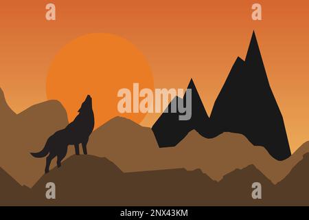 Silhouette di un lupo urlante sulle rocce Illustrazione Vettoriale
