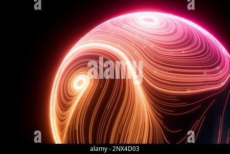 Linee di flusso astratte e particelle incandescenti, rendering 3D. Disegno digitale. Foto Stock